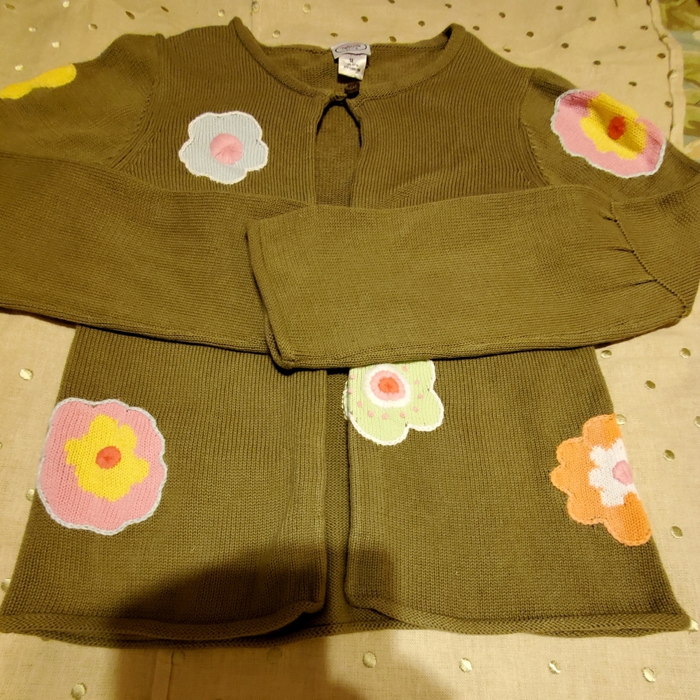 Talbots Kids Knitted Girls  Rainbow Cardigan Olive Green Sweater-Size 12